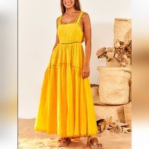 FARM RIO Yellow 3D Flowers Midi Dress